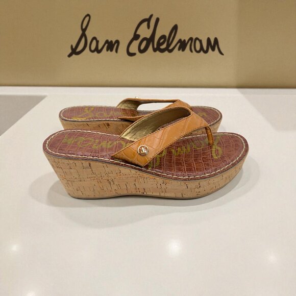 Sam Edelman ROMY Tan Croc Embossed Cork Wedge Thong Sandals Women’s 8M LIKE NEW! - Picture 1 of 11